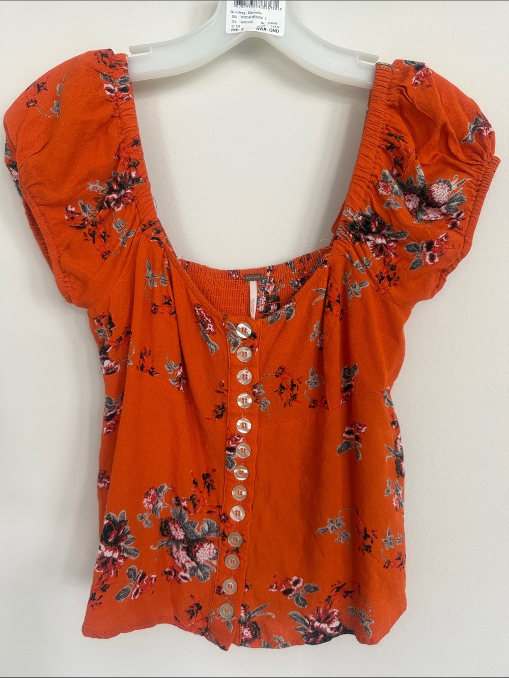Free People Orange Floral Button-Front Peasant Top